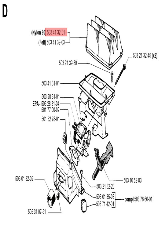 Ilmansuodatin Husqvarna 40, 45, 49, Jonsered 2041, 2045, 2050
