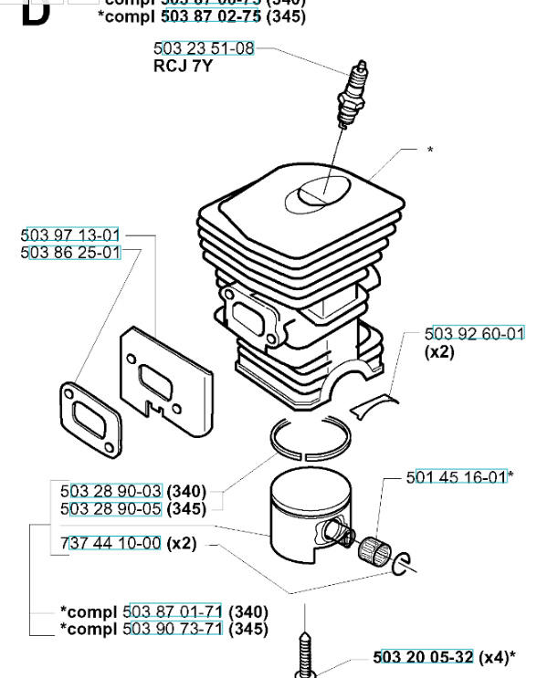 Sylinteri 340, 345, 350, CS2141, CS2145, CS2150